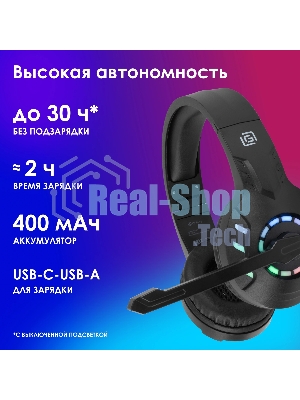 Гарнитура Oklick HS-L420G чёрный, беспроводная + проводная, Bluetooth, до 30 ч, подсветка