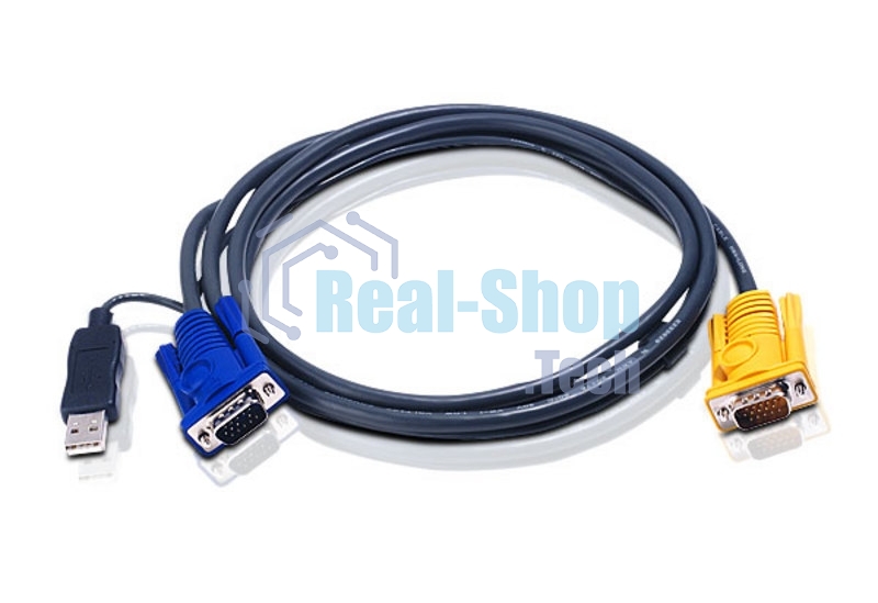 Шнур ATEN, мон+клав+мышь USB, SPHD15=>HD DB15+USB A-Тип, Male-2xMale, 8+4 проводов, опрессованный, 3 м., черный, (с поддержкой KVM PS/2) (2L-5203UP)