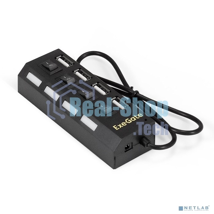 USB-концентратор ExeGate EX293977RUS DUB-42SW (кабель-адаптер USB2.0 --> 4xUSB2.0, кнопки включения/отключения для каждого порта, Plug&Play, черный)