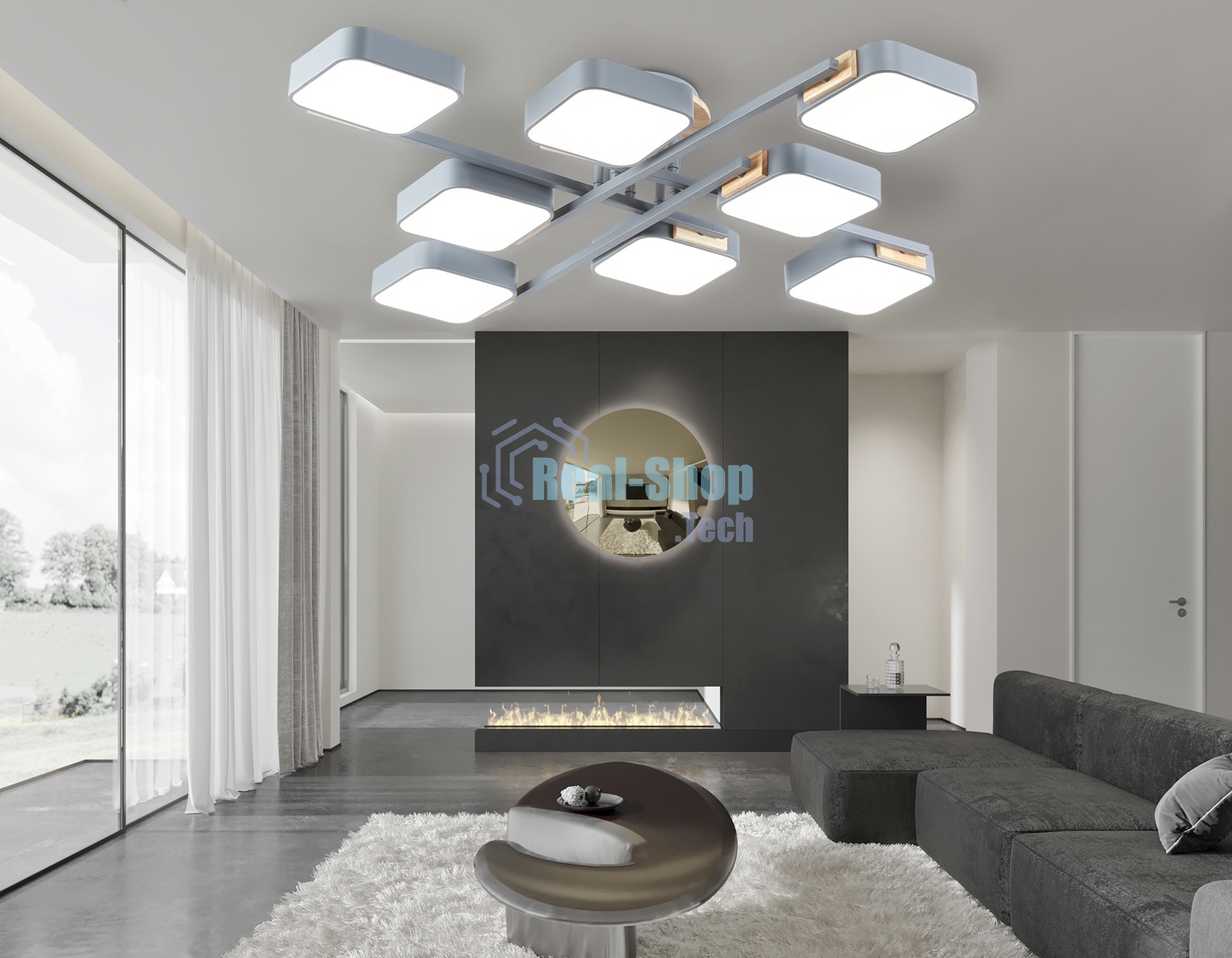 Светильник Ambrella light FL4889/8 GR/WD серый/дерево 144W 3000-6000K 960*960*160 (без ПДУ)