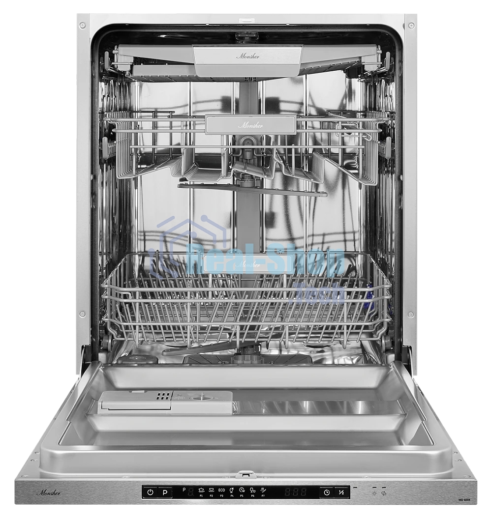 Встраиваемая посудомоечная машина MONSHER MD 6004, ширина 60 см, Количество корзин: 3, 14 комплектов посуды, Электронное управление, Цифровой дисплей, Отсрочка старта 1-24 часов, Луч на полу, Внутреннее освещение, программ: Интенсивная, Нормальная, ЕСО, С