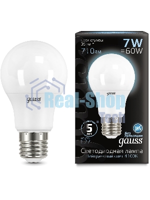 Лампа светодиодная Gauss 7Вт цок.:E27 шар 220B 4100K св.свеч.бел.ней. A60 (упак.:10шт) (102502207)