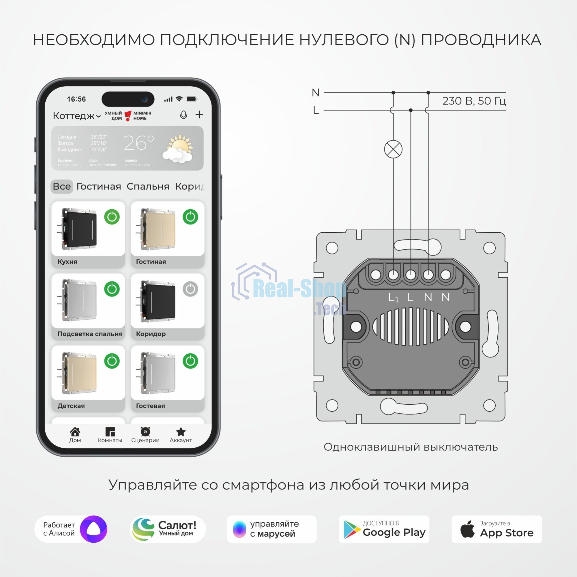 Умный сенсорный выключатель одноклавишный (белый) W4513001