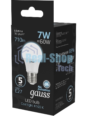 Лампа светодиодная Gauss 7Вт цок.:E27 шар 220B 4100K св.свеч.бел.ней. A60 (упак.:10шт) (102502207)