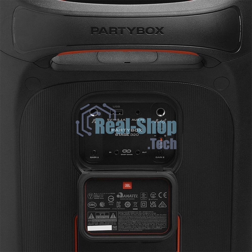 Портативная акустика JBL PartyBox Stage 320 (1.0 2 x 120 Вт, Bluetooth, AUX, USB, 6.3 мм jack, RGB подсветка, IPX4, JBLPBSTAGE320UK)