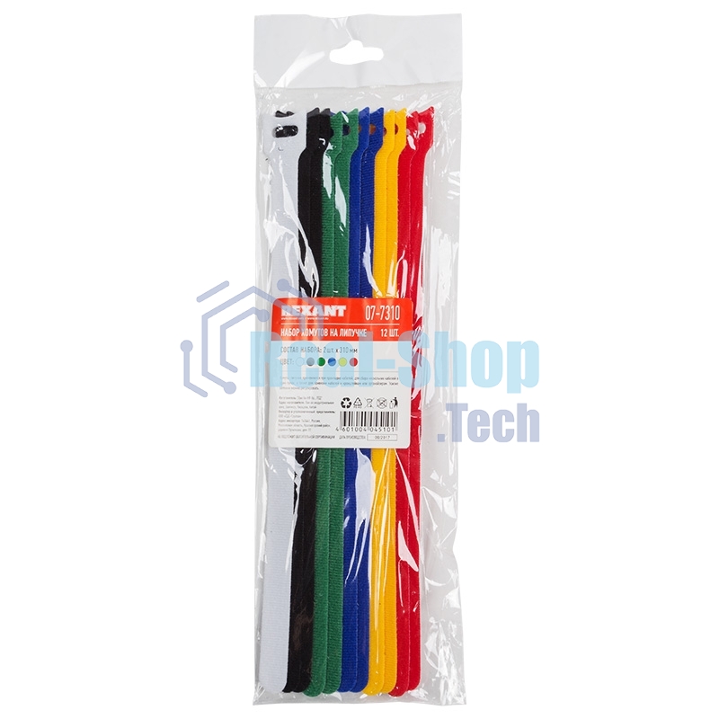 Набор хомутов-стяжек многоразовых на липучке Rexant 310х16 мм, цветная, упаковка 12 шт.