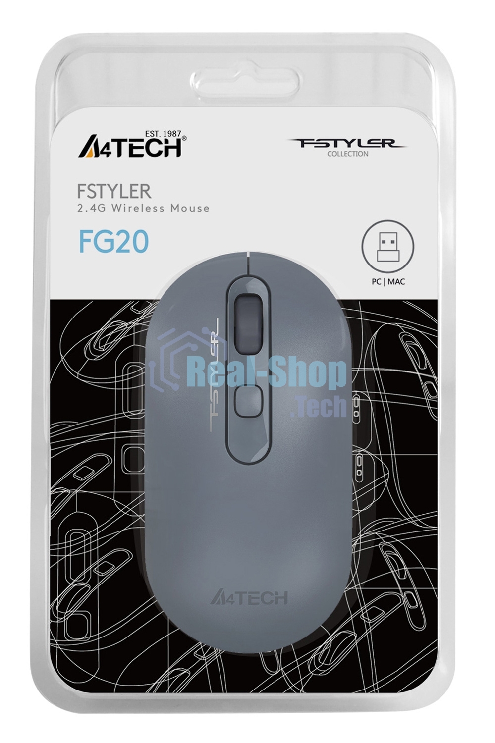 Мышь беспроводная A4Tech Fstyler FG20 пепельный/синий, 2000 dpi, радиоканал, USB, кнопки - 4
