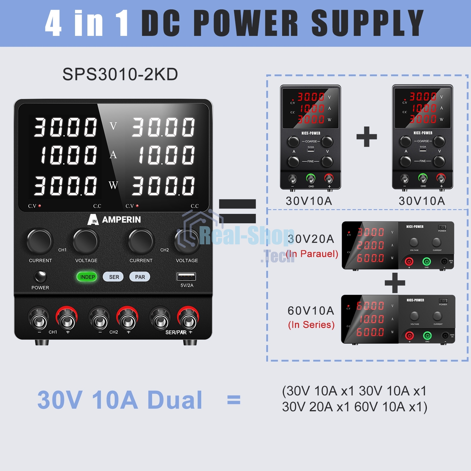Лабораторный блок питания двухканальный Amperin AI-W3010x2C 30V, 10A, 0,6 кВт