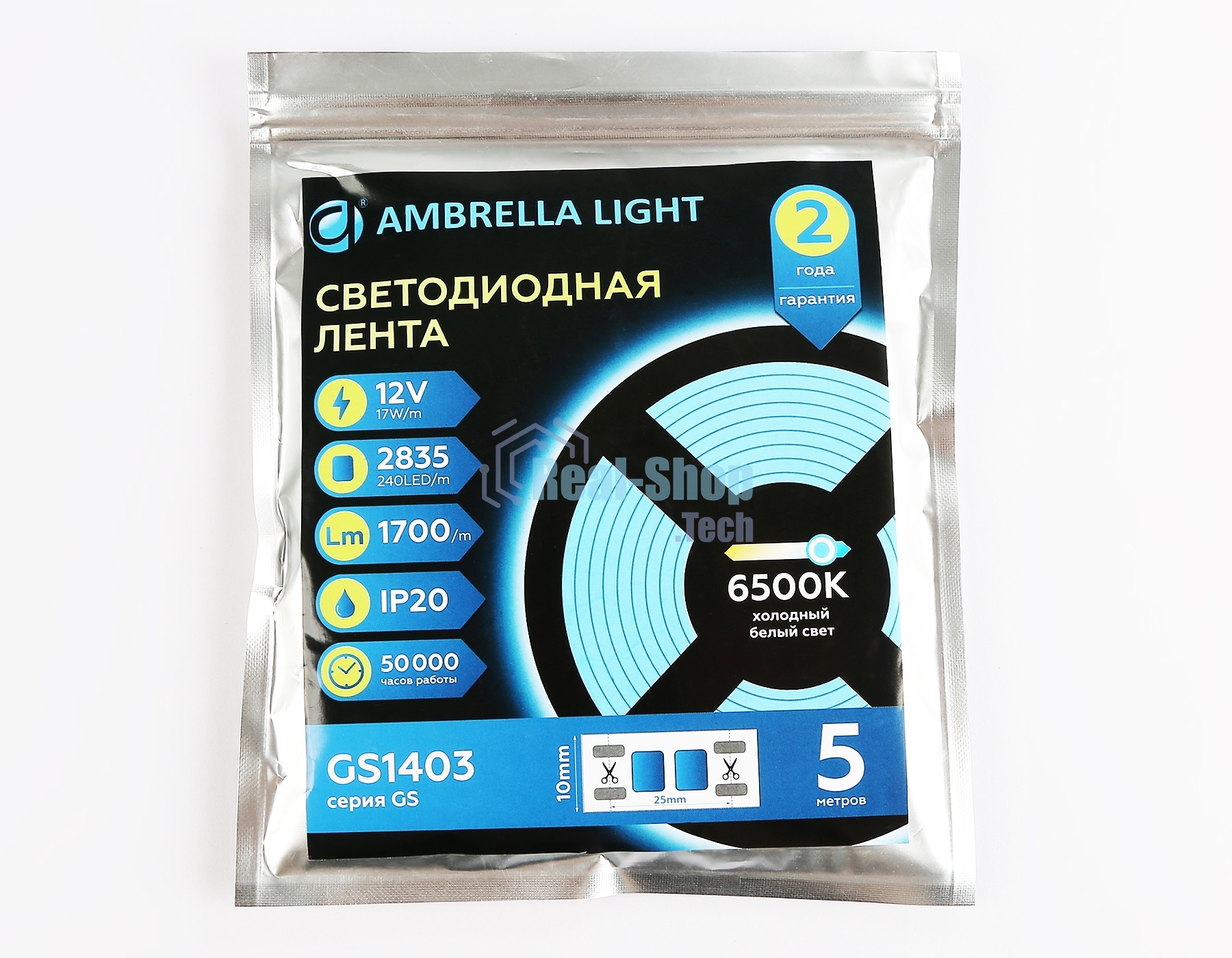 Светодиодная лента Ambrella light GS1403 2835 240Led/ 17W m/ 12V IP20 6500K/ 5000*10*1.2mm (2 конт.)