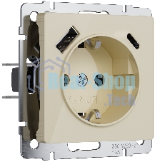 Розетка с заземлением, шторками и USB тип A+C (айвори акрил)