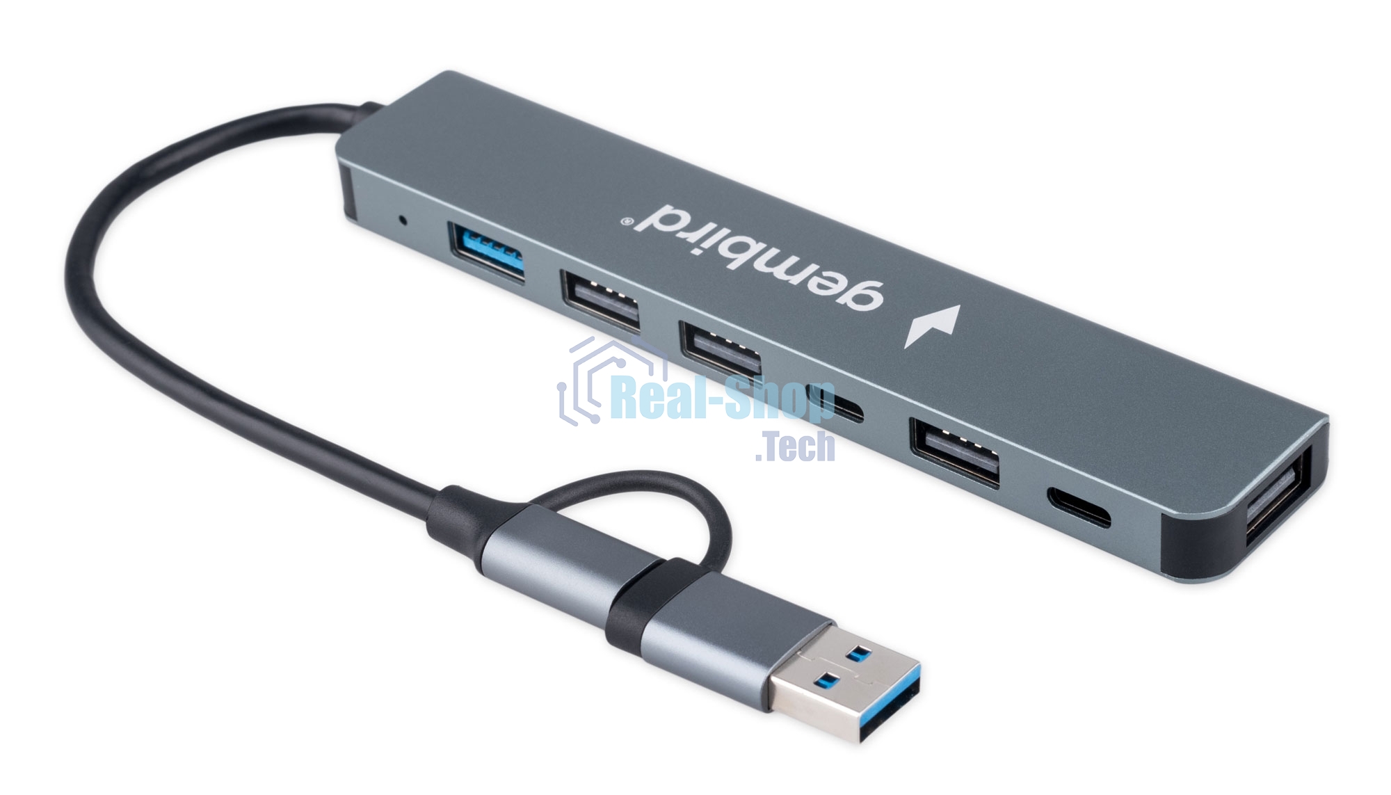 Разветвитель USB3.0/2.0 Gembird UHB-C445, USB3.0, 4хUSB2.0, Type-C, с доп.питанием (порт Type-C), кабель Type-C/USB 17см, алюминий, коробка