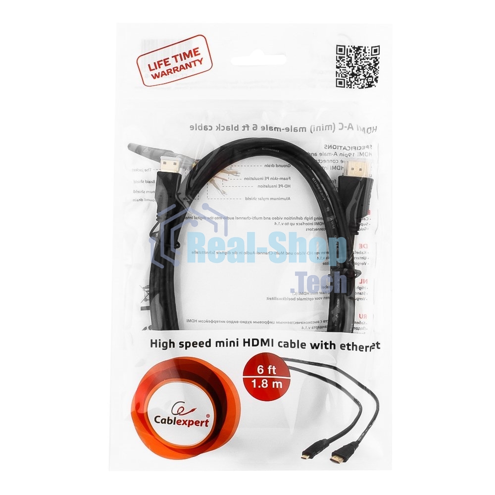 Кабель Cablexpert HDMI-mini HDMI CC-HDMI4C-6, 19M/19M, v2.0, медь, позол.разъемы, экран, 1.8м, черный, пакет