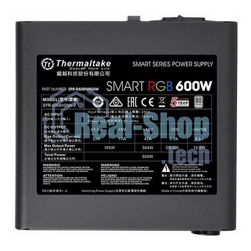Блок питания Thermaltake Smart RGb (PS-SPR-0600NHSAWE-1), 600Вт, 80 PLUS, 120мм, черный