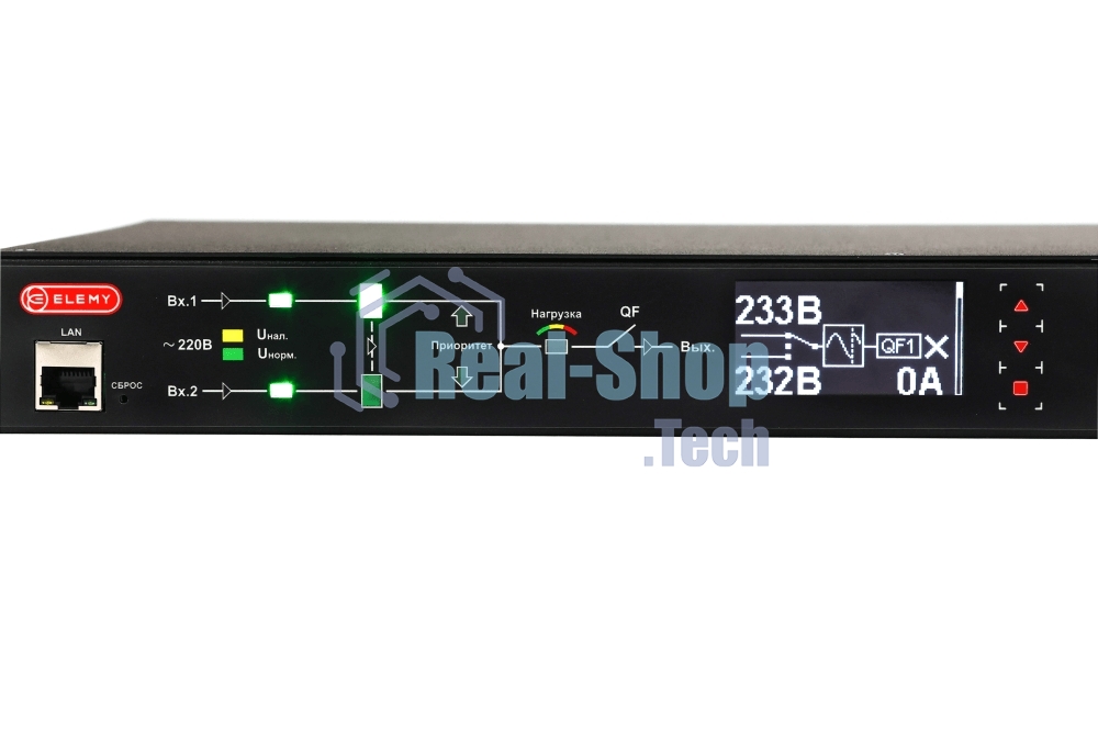 Автоматический ввод резерва ELEMY RACK ATS, 1U, 220В, 32А, OLED, Ethernet, in (2) IEC309, out (2) C19 (9) C13
