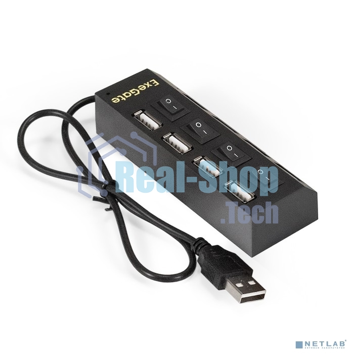 USB-концентратор ExeGate EX293977RUS DUB-42SW (кабель-адаптер USB2.0 --> 4xUSB2.0, кнопки включения/отключения для каждого порта, Plug&Play, черный)