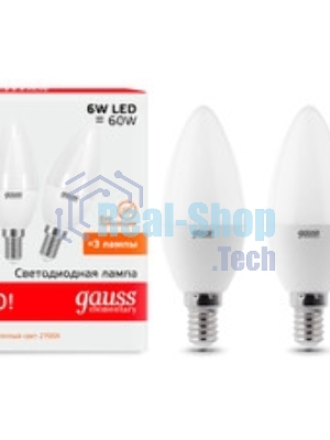 Лампа светодиодная Gauss Elementary 6Вт цок.: E14 свеча 220B 6500K св. свеч. бел. хол. C37 (упак.: 10 шт)