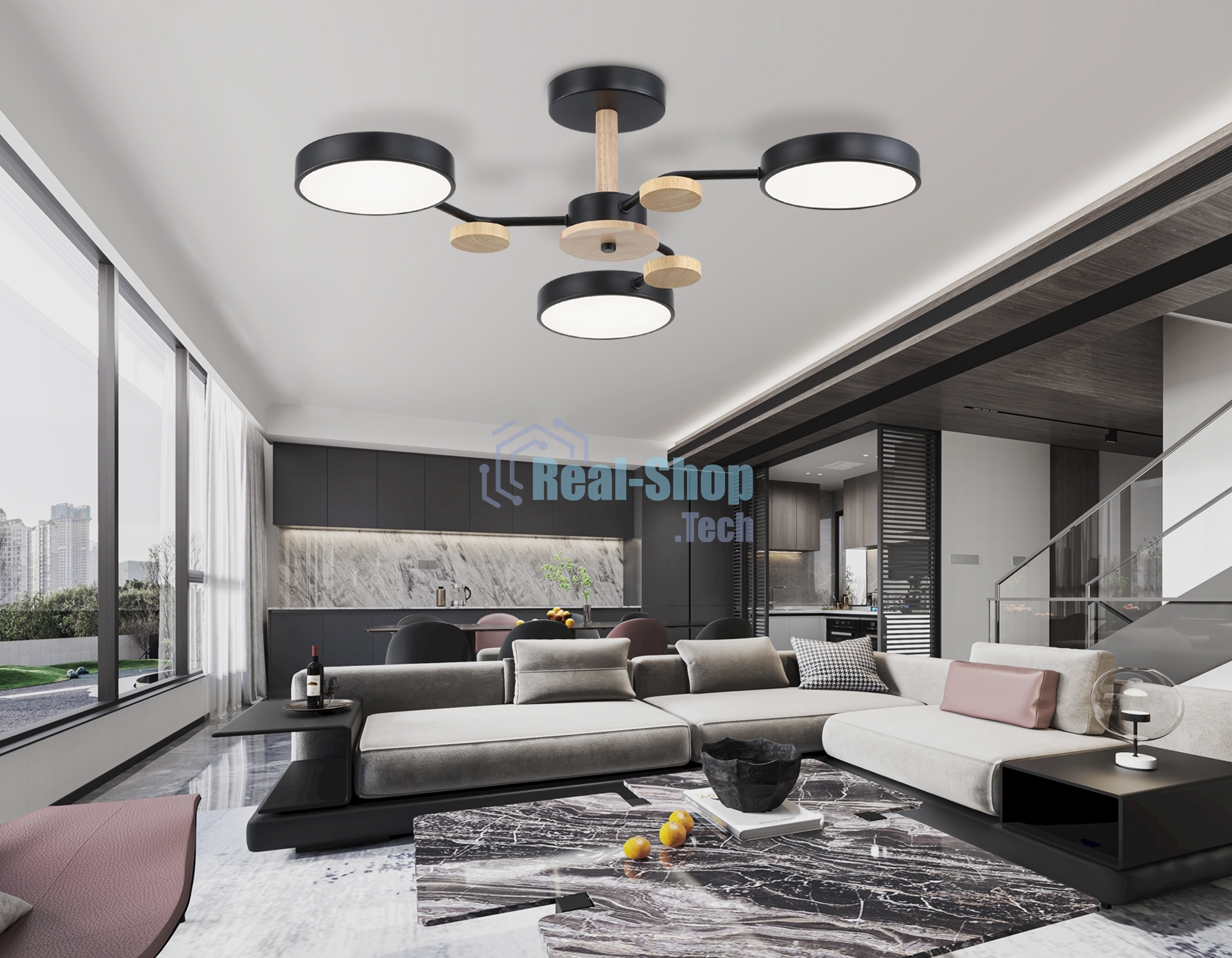 Светильник Ambrella light FL4857/3 BK/WD черный/дерево 54W 3000-6000K D660*170 (без ПДУ)