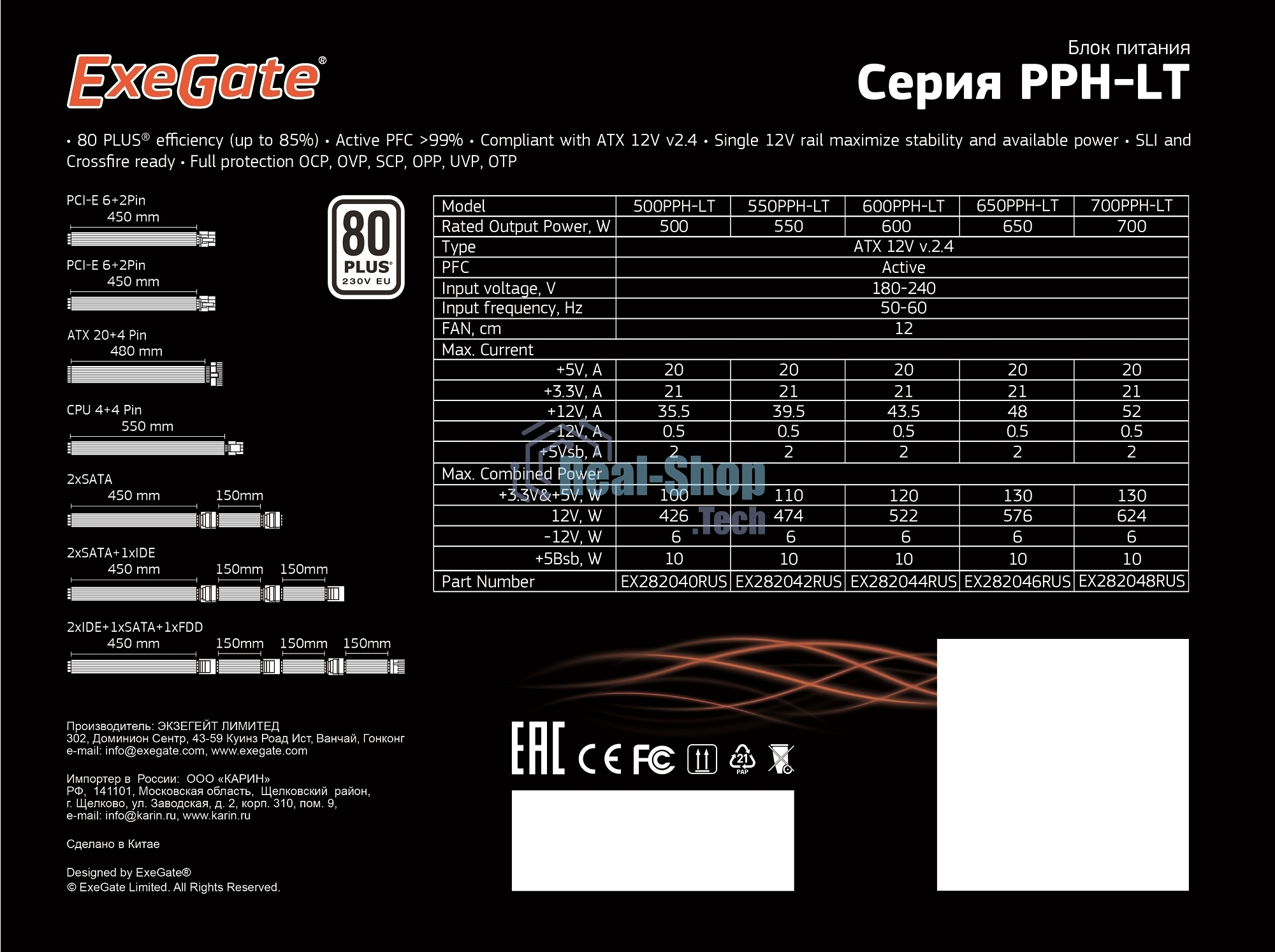 Блок питания ExeGate 650PPH-LT-S RTL (EX282046RUS-S), 650Вт, 80 PLUS, 120мм, черный