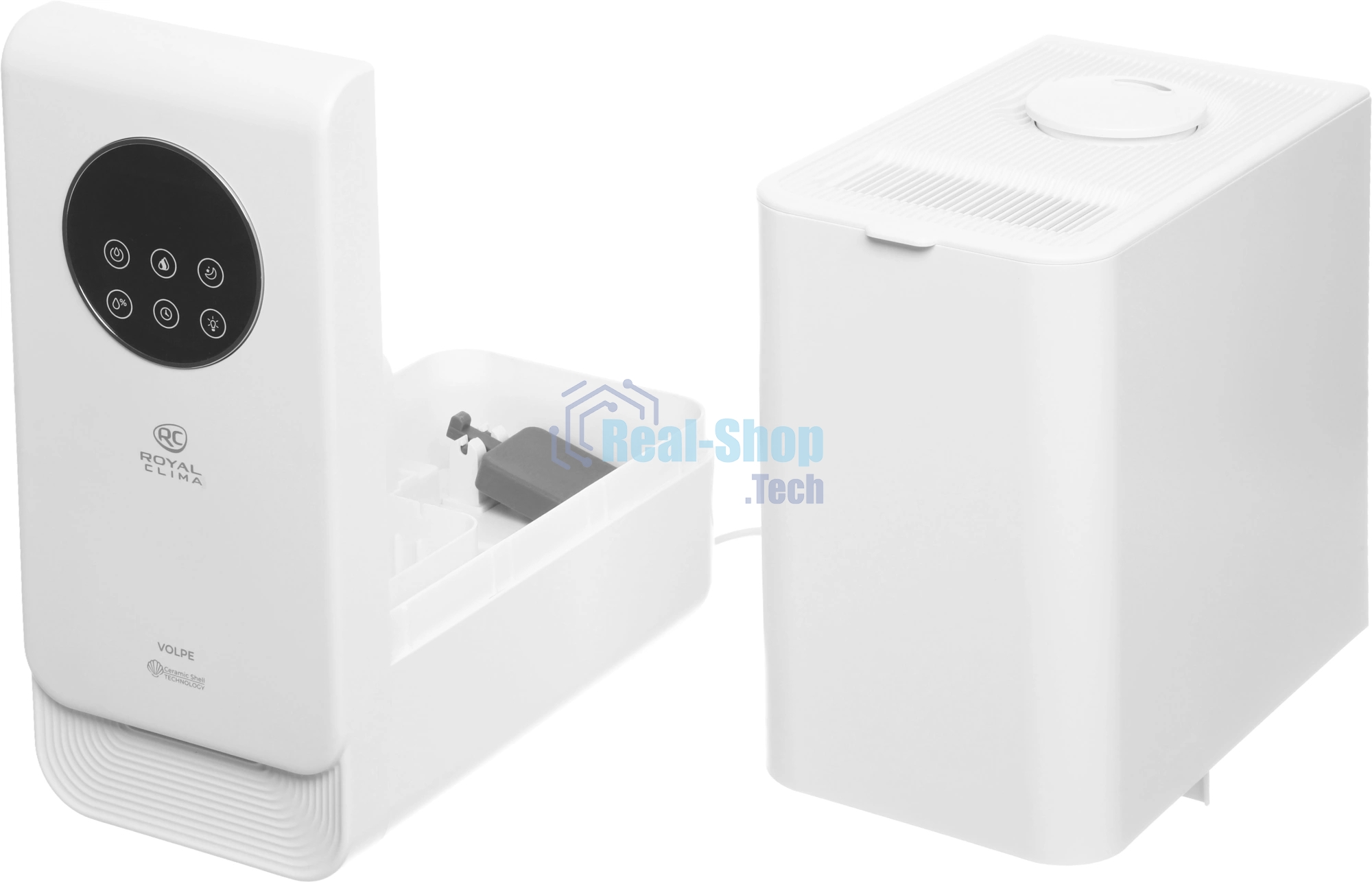 Увлажнитель воздуха Royal Clima VOLPE RUH-VP270/6.5E-WT белый, 30 м², 6.5 л, ультразвуковой, производительность 270 мл/ч, гигростат, ароматизация, управление по Wi-Fi (SmartLife), пульт ДУ
