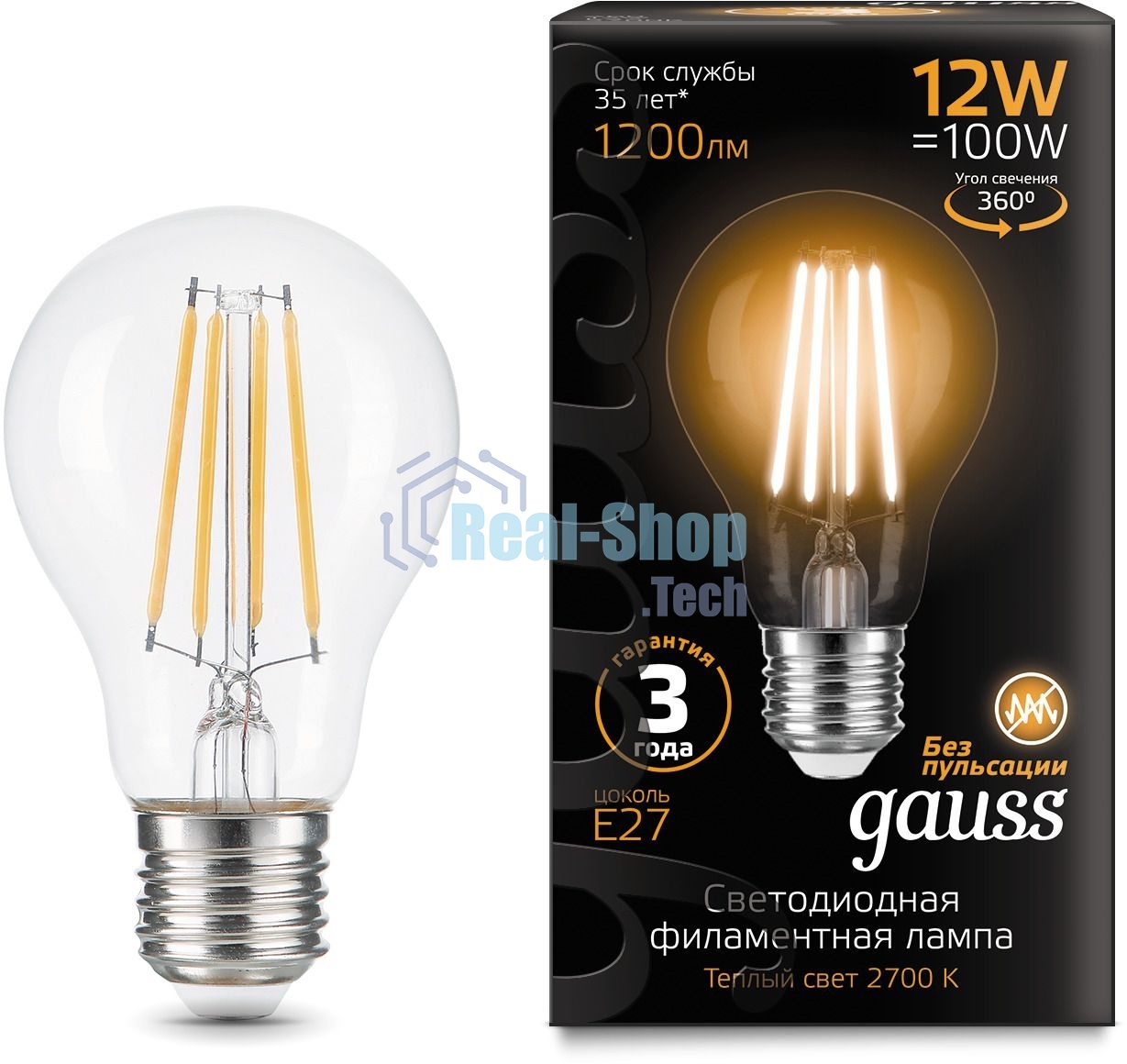 Лампа cветодиодная Gauss Filament А60 12W 1200lm 2700К Е27 LED 1/10/40