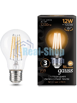 Лампа cветодиодная Gauss Filament А60 12W 1200lm 2700К Е27 LED 1/10/40
