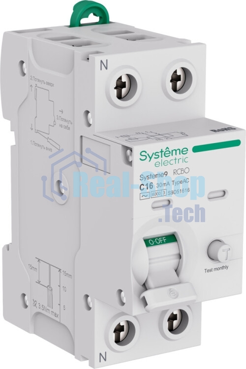 Автоматический выключатель дифф. тока (АВДТ) Systeme Electric S9D51616 Systeme9 1P+N C 16A 6kA 30мА Тип-AC 230В