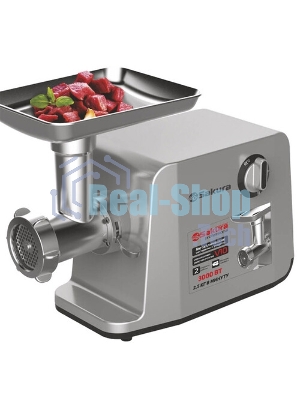 Мясорубка электрическая Sakura SA-6426 Professional серый, 3000 Вт, 2.5 кг/мин, реверс, защита от перегрузки, насадки - 5