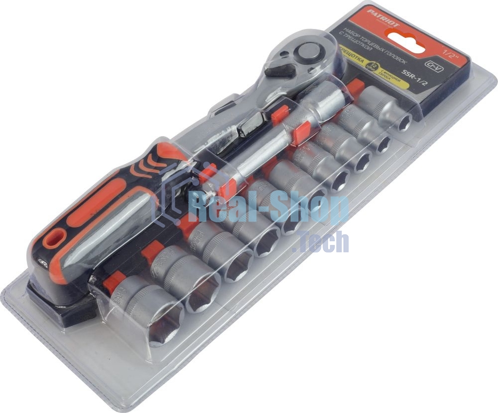Набор торцовых головок PATRIOT SSR-1/2, CrV сталь, трещотка, удлинитель, 12 предм.Тороцовые головки 10 шт: 10,11,12,13,14,15,17,19,22,24мм удлинитель 125мм 1шт трещотка 72 зуба 1 шт