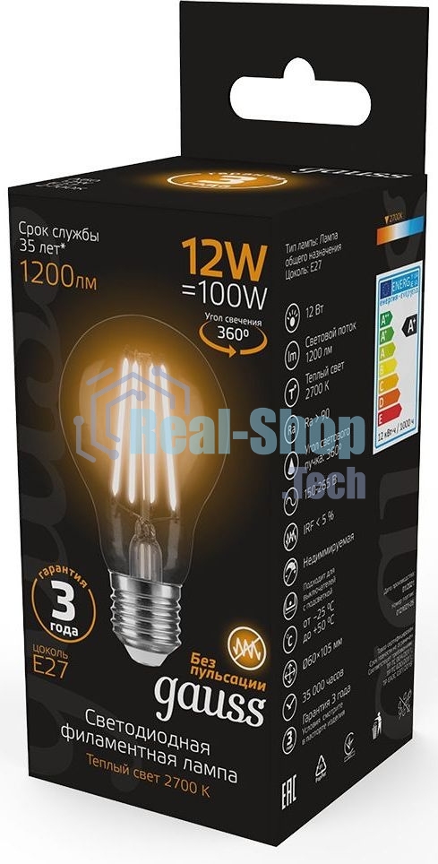 Лампа cветодиодная Gauss Filament А60 12W 1200lm 2700К Е27 LED 1/10/40