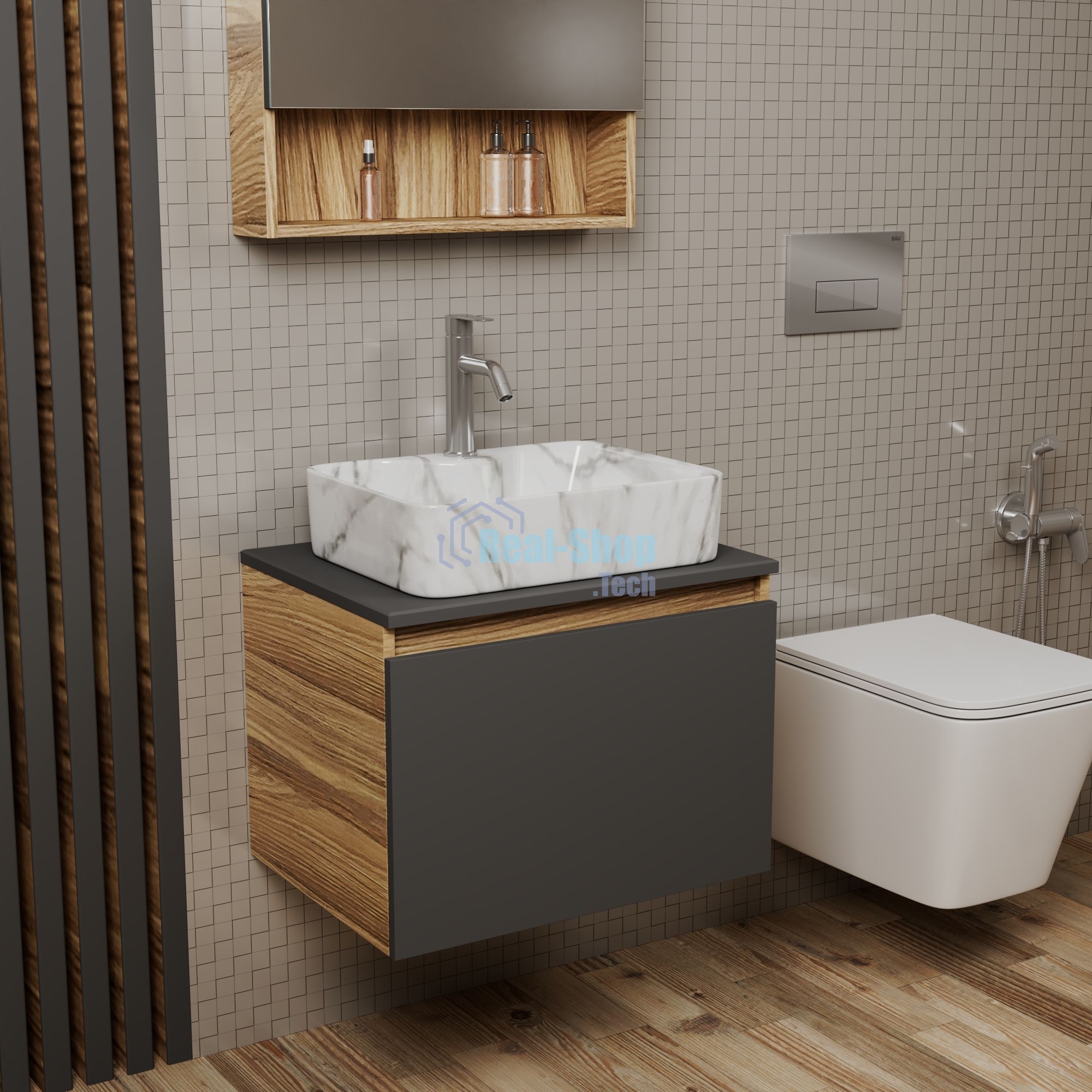 Комплект: тумба Bau Dream Blackwood графит 60, 1 ящик, раковина прямоугольная BAU Cerama 48х37, мрамор, смеситель Hotel Dream, нерж сталь