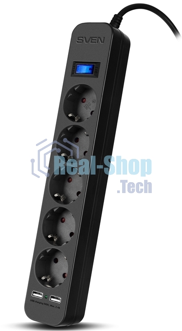 Фильтр SVEN SF-05LU 1,8 м (5 евро розеток,2хUSB(2,4А)) черный, цветная коробка Surge protector SVEN SF-05LU 1,8 м (5 евро розеток,2хUSB(2,4А)) черный, цветная коробка