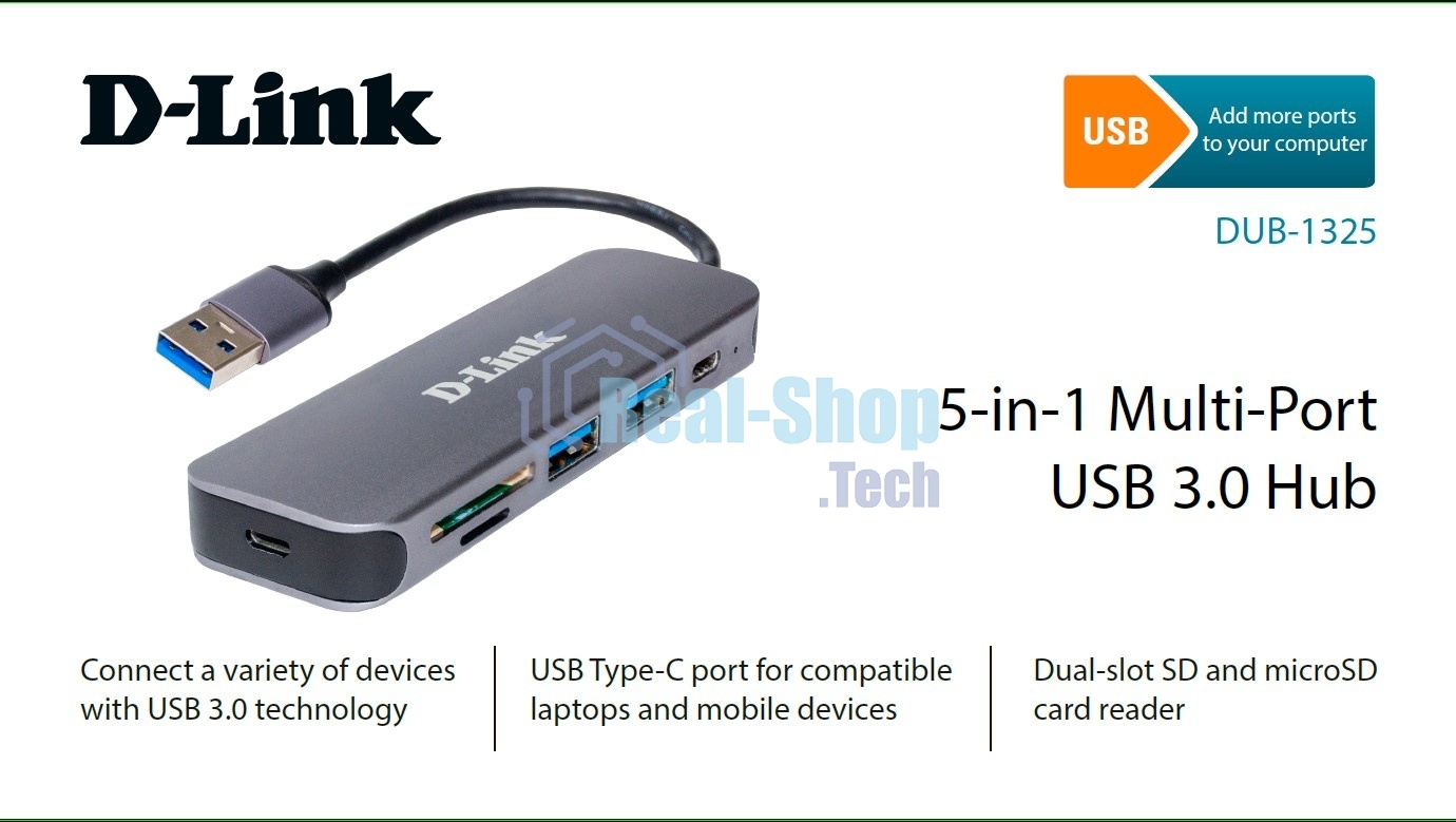 USB-концентратор D-Link DUB-1325/A1A с 2 портами USB 3.0, 1 портом USB Type-C, слотами для карт SD и microSD и разъемом USB 3.0