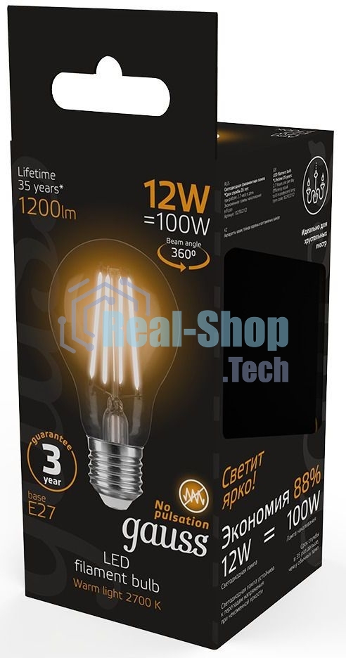 Лампа cветодиодная Gauss Filament А60 12W 1200lm 2700К Е27 LED 1/10/40
