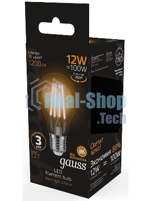 Лампа cветодиодная Gauss Filament А60 12W 1200lm 2700К Е27 LED 1/10/40