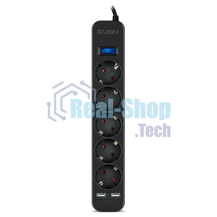Фильтр SVEN SF-05LU 1,8 м (5 евро розеток,2хUSB(2,4А)) черный, цветная коробка Surge protector SVEN SF-05LU 1,8 м (5 евро розеток,2хUSB(2,4А)) черный, цветная коробка