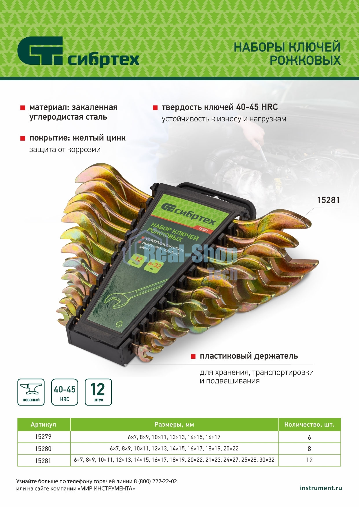 Набор ключей рожковых Сибртех 6-32 мм, 12 шт, желтый цинк