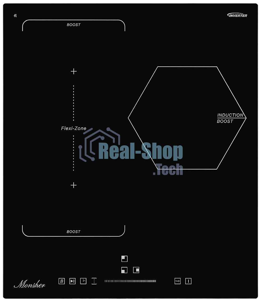 Индукционная варочная панель Monsher, инвертер, слайдерное управление, автоматическое отключение, блокировка панели управления, индикация остаточного тепла, 9 уровней мощности, Stop and Go, Booster, таймер, черный