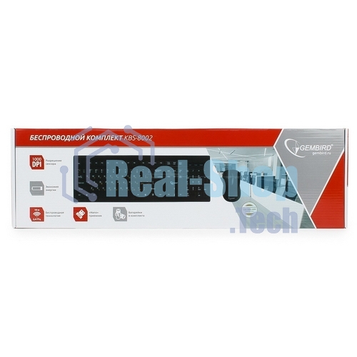 Комплект клавиатура+мышь беспроводные Gembird KBS-8002, 2.4ГГц, черный, 104 клавиши+2 кнопки+колесо кнопка, 1000DPI, батарейки в комплекте