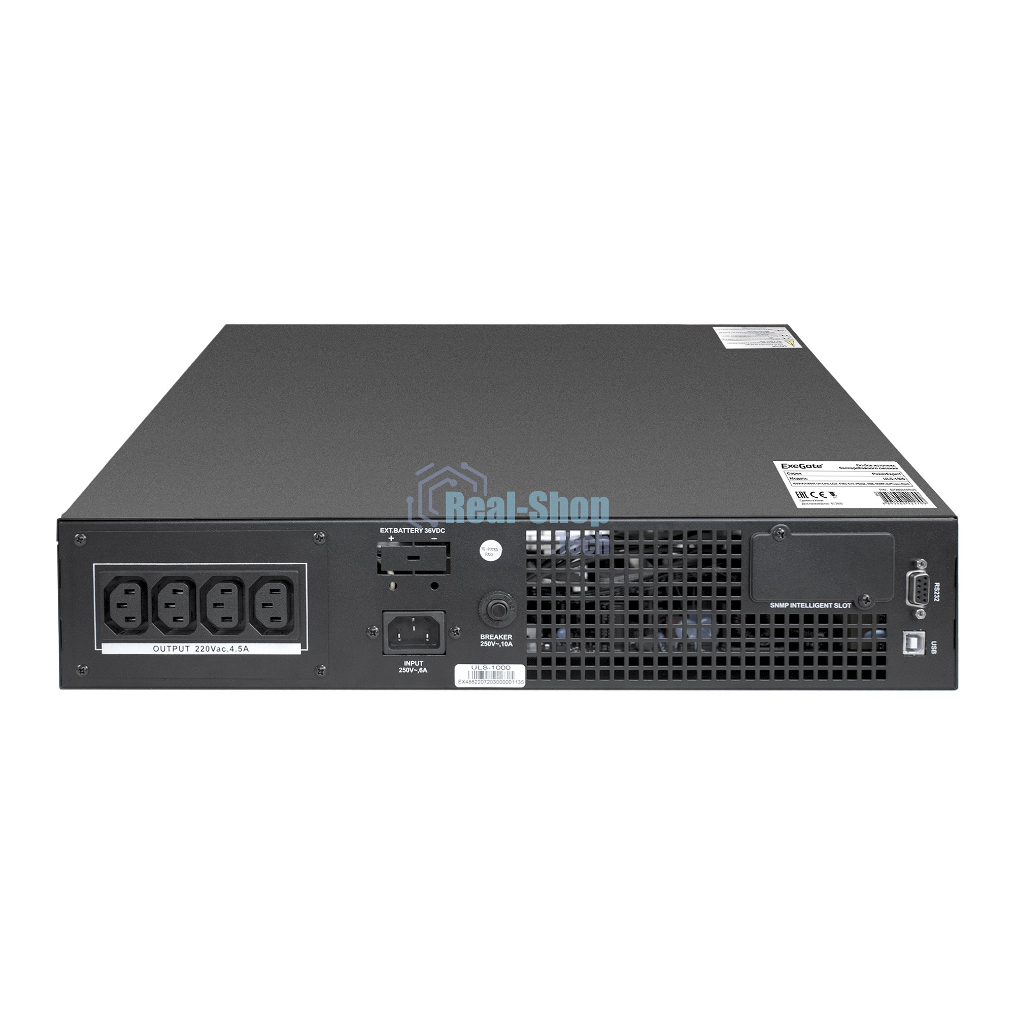 Источник бесперебойного питания On-line ExeGate EP285646RUS PowerExpert ULS-1000.LCD.AVR.C13.USB.RS232.SNMP.2U 1000VA/1000W, On-Line, PF=1, LCD, 4*IEC-C13, RS232, USB, SNMP-slot, Rackmount 2U/Tower, черный