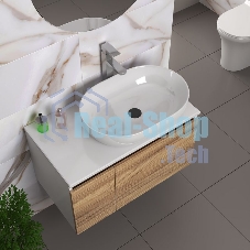 Комплект для ванной, 4 предмета (Тумба подвесная Bau Blackwood 80 + Раковина BAU 59х40 + Смеситель высокий Hotel Still, нерж. сталь, выпуск черный)
