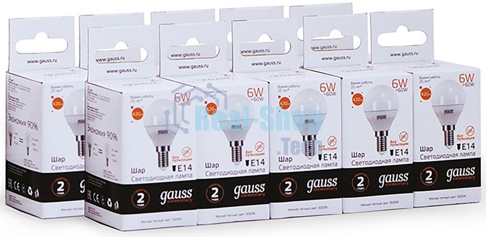 Лампа светодиодная Gauss Elementary 6Вт цок.: E14 шар 220B 3000K св. свеч. бел. теп. (упак.: 10 шт)