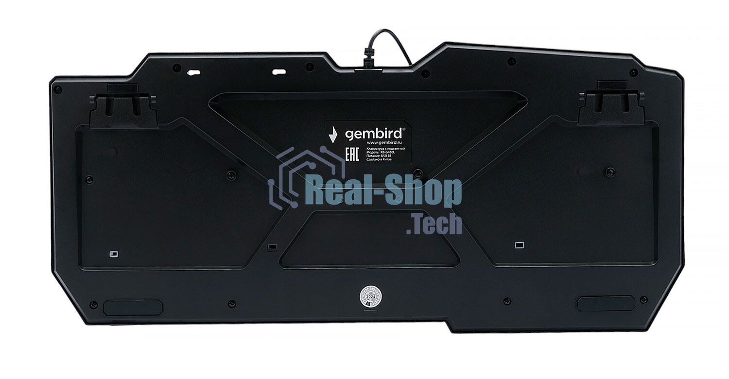 Проводная игровая клавиатура Gembird KB-G450L, полноразмерная, 104кл+4доп, 12Fn, подсветка 3 цвета, подставка для тел, 1.5м, черная