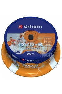 Диск DVD-R Verbatim 4.7Gb 16x Cake Box (25шт) Printable (43538)
