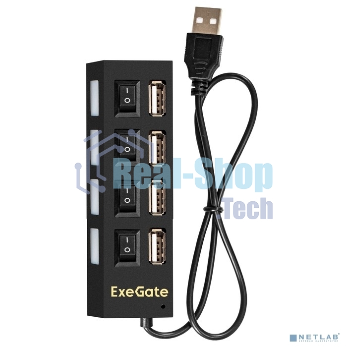 USB-концентратор ExeGate EX293977RUS DUB-42SW (кабель-адаптер USB2.0 --> 4xUSB2.0, кнопки включения/отключения для каждого порта, Plug&Play, черный)