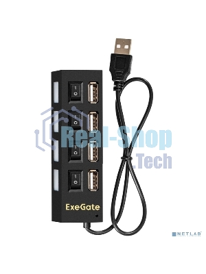 USB-концентратор ExeGate EX293977RUS DUB-42SW (кабель-адаптер USB2.0 --> 4xUSB2.0, кнопки включения/отключения для каждого порта, Plug&Play, черный)