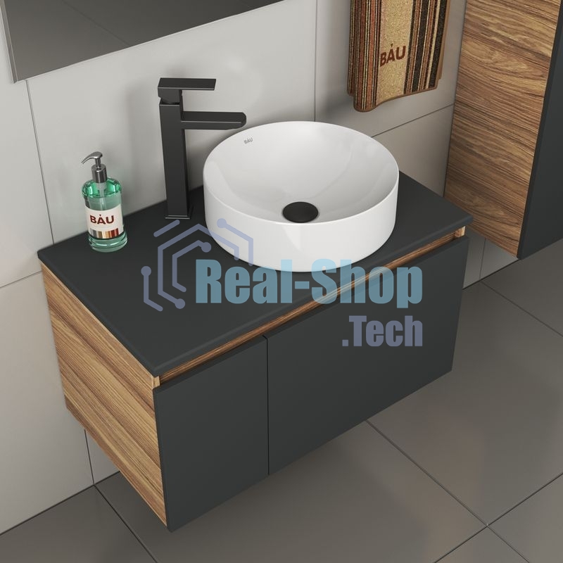 Комплект для ванной, 4 предмета (тумба Bau 80, графит + раковина BAU Dream D41 + смеситель Hotel Black, выпуск клик-клак, черный)
