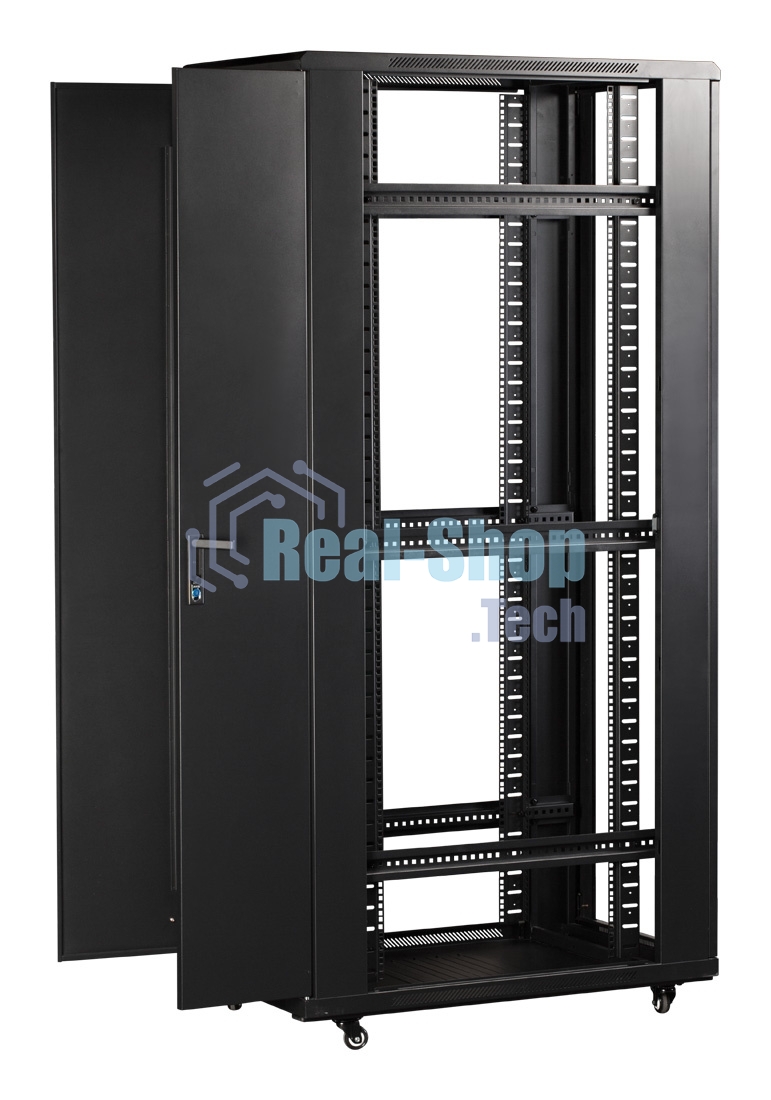 Шкаф коммутационный Lanmaster (TWT-CBB-42U-6X10-G1) напольный 42U 600x1000 мм пер. дв. стекл задн. дв. спл. стал. лист 2-хст. 2 бок. пан. 800 кг черный IP20