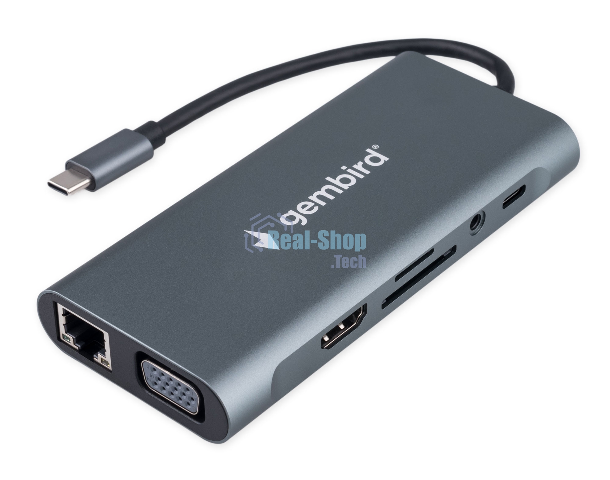 USB-концентратор Type-C Gembird UHB-D4, 10в1: 3xUSB3.1, Type-C PD87W, Jack 3.5, SD/TF, HDMI, RJ45, VGA, кабель 15 см, алюминий