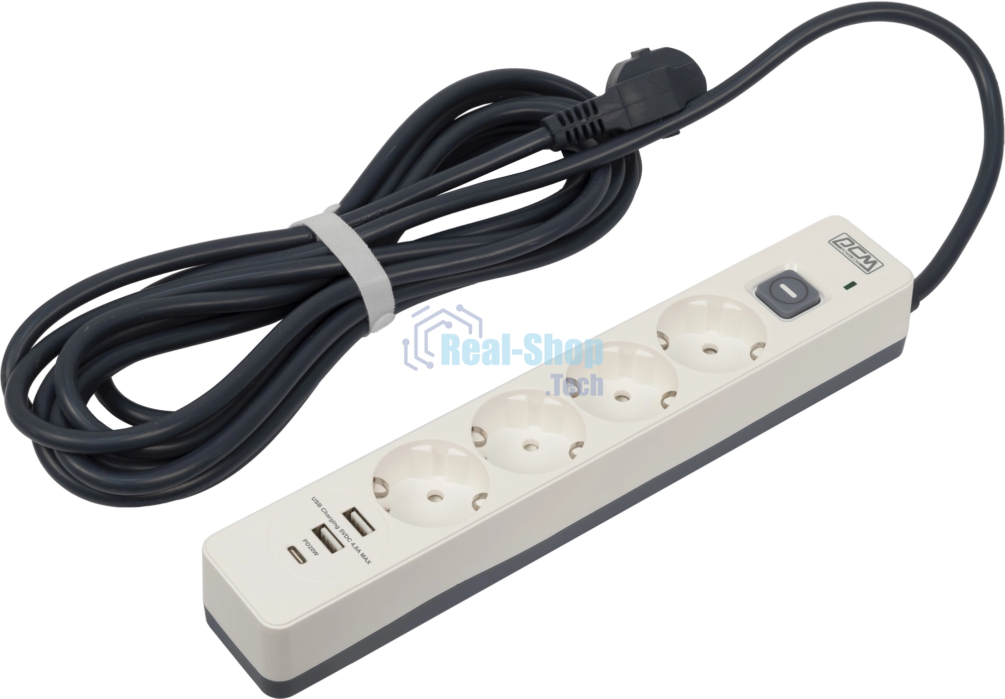 Сетевой фильтр Powercom SP-01 USB2A1CW 3,0М 3.0 м, 4 розетки, белый/серый, коробка