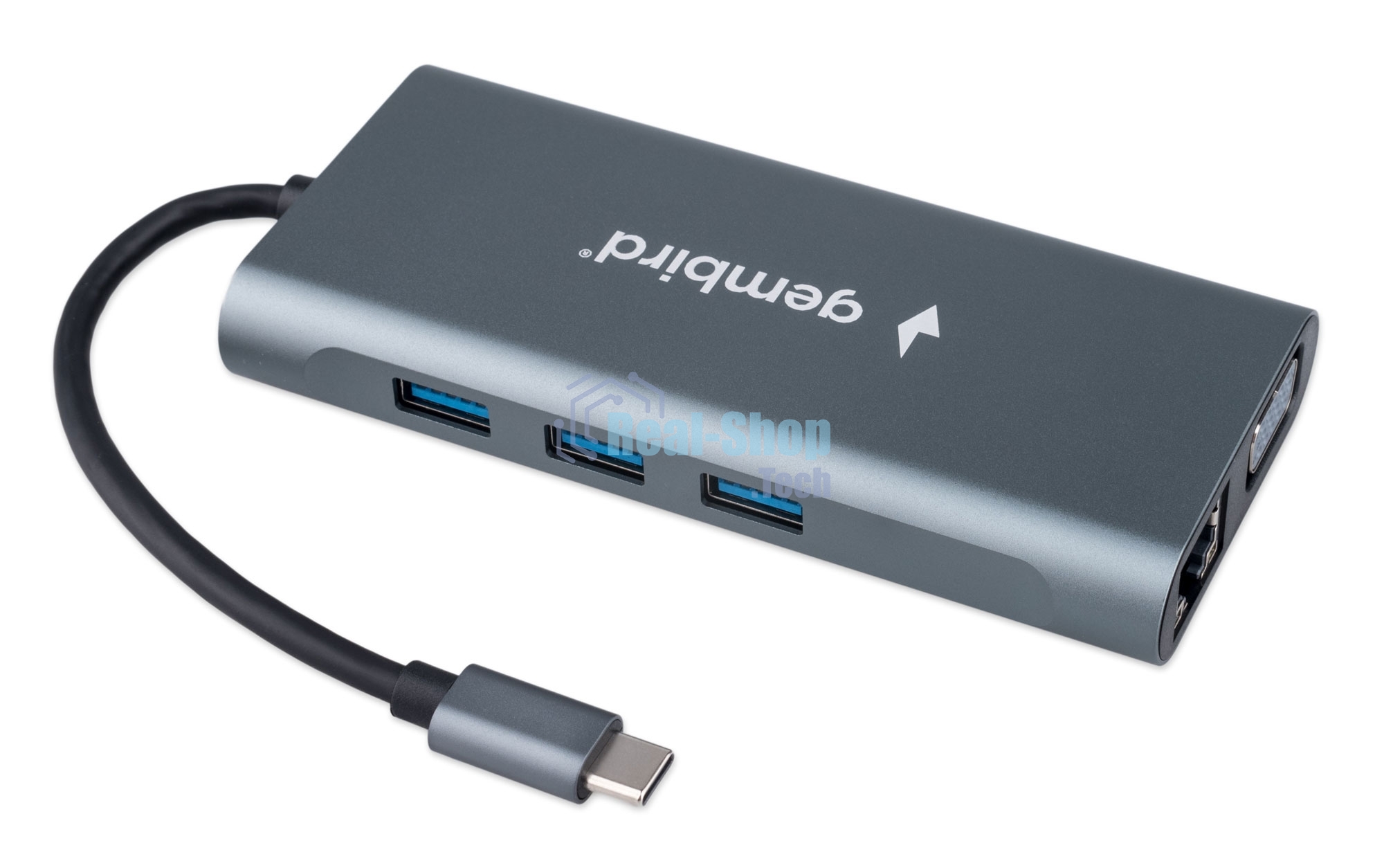 USB-концентратор Type-C Gembird UHB-D4, 10в1: 3xUSB3.1, Type-C PD87W, Jack 3.5, SD/TF, HDMI, RJ45, VGA, кабель 15 см, алюминий